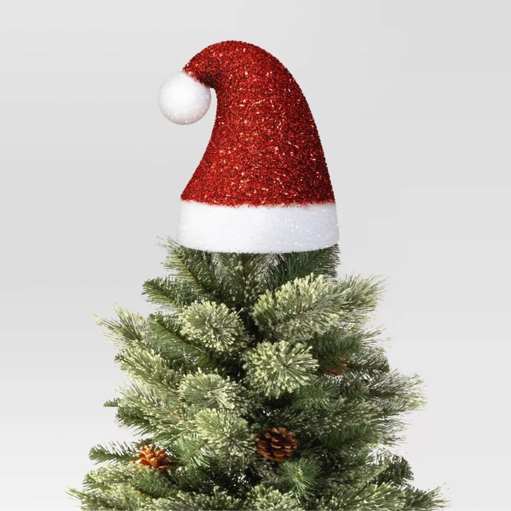 Tinsel Floppy Santa Claus Hat Christmas Tree Topper 10" Shimmer Holiday RedWhite - Picture 3 of 4